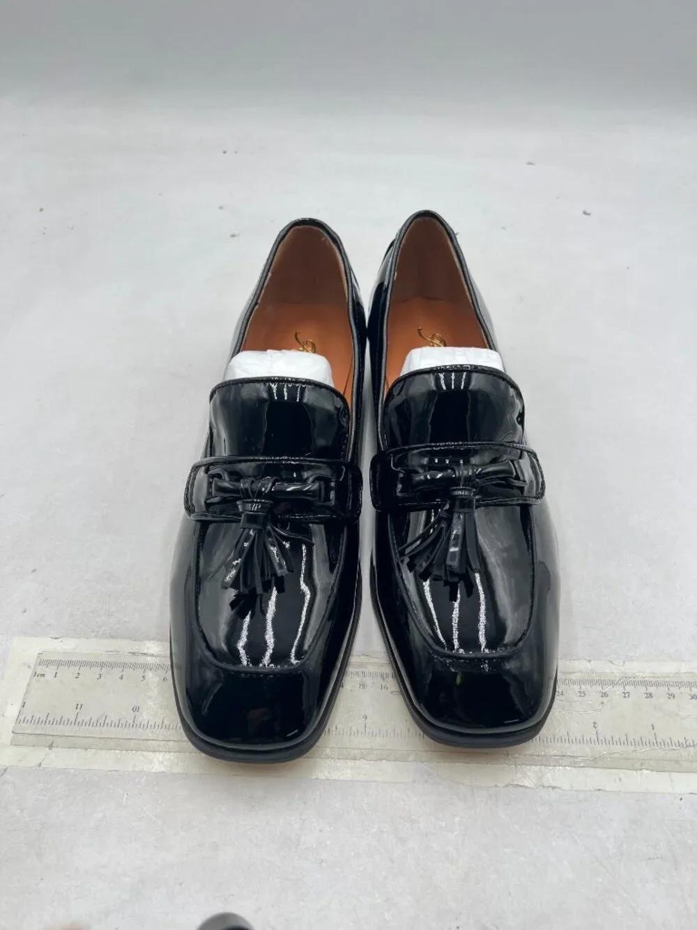 FOWT Black Men Glossy Square Toe Tassels Decor Loafers Low Heel Slip On Shoes